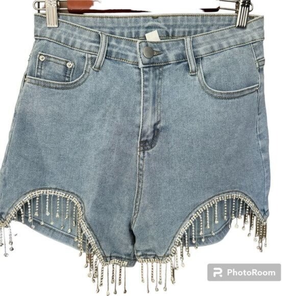 Denim Blue Jeans High Rise Shorts w/ Hand Embroidered Rhinestones Sz M